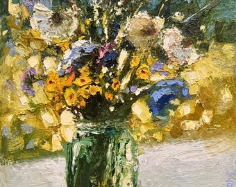 Original Wildflower Bouquet Oil Still Life, Impasto Floral Art Textured Vase, Boho Wild Flowers Home Decor