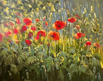 Original Poppy Field Oil Painting Digital PNG Download, Impressionist Red Poppies, High Res Print Wall Art Decor, Red Poppy Wall Art