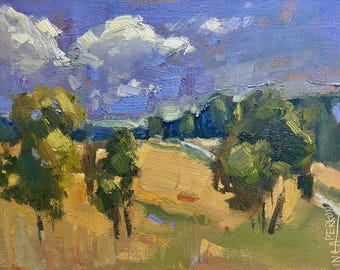 Original Yellow Field Oil Painting Meadow Path Trees Clouds, Summer Landscape Canvas 11.8x15.7 inch Impressionist Rural Wall Decor Zen Gift
