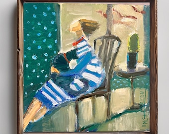 Original Oil Painting, Abstract Woman with Cat, Modern Wall Art Home Decor, 12x12" Canvas