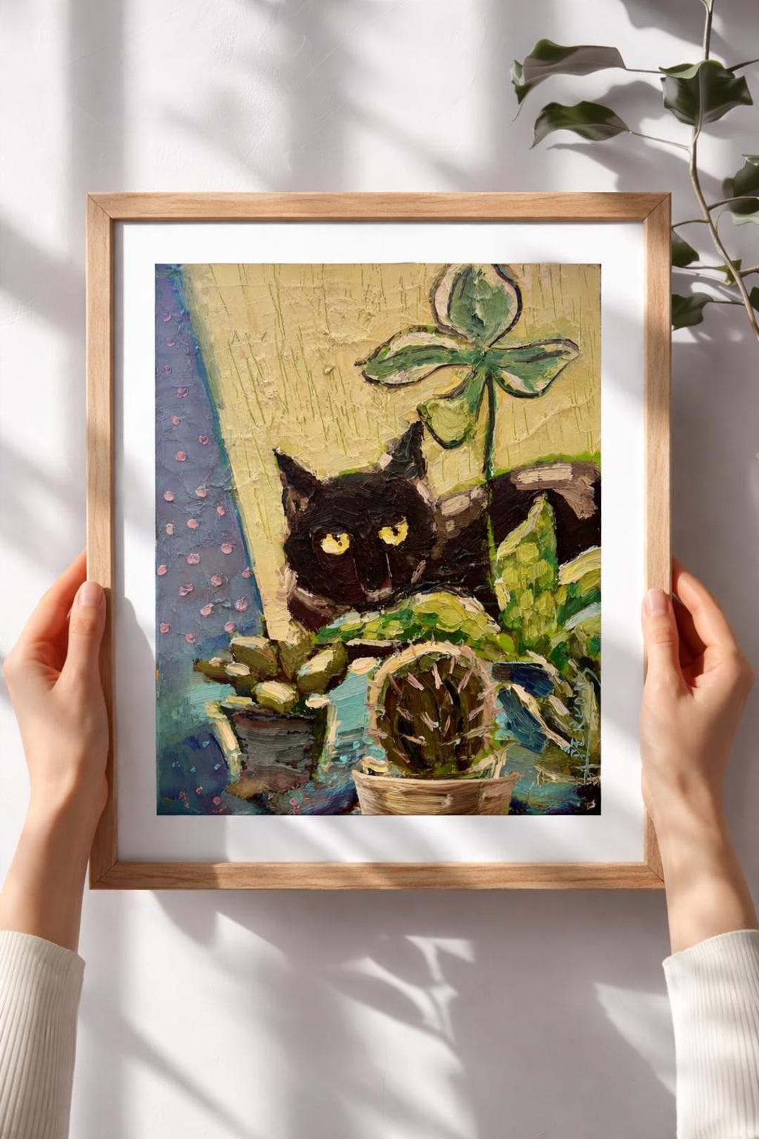Black Cat Art Green Houseplants, Impressionist Art, Original Black Cat ...