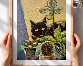 Black Cat Art Green Houseplants, Impressionist Art, Original Black Cat Wall Art on Canvas, Hand Painted Floral A