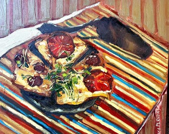 Food Still Life Oil Painting,Pizza Slice Original Oil Painting, Kitchen Wall Art, Textured Impasto Overhead Table Scene