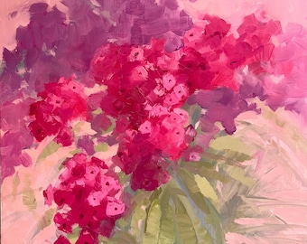 Pink Wall Art Original Phlox Flower Floral Phlox Painting, Romantic Botanical Artwork for Feminine Bedroom Decor
