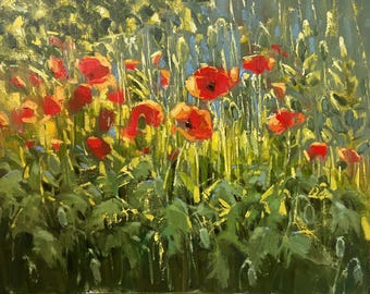 Original Poppy Meadow Oil Painting,  large Wall Art, Wildflower Field Canvas Art, Impressionist Floral Wall Decor for Cozy Home Living Room