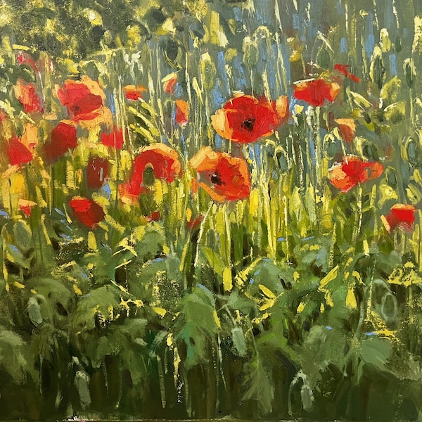 Original Poppy Meadow Oil Painting,  large Wall Art, Wildflower Field Canvas Art, Impressionist Floral Wall Decor for Cozy Home Living Room