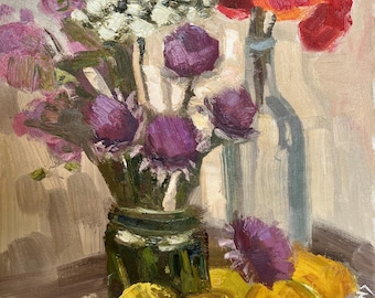 Original Floral Still Life Painting, Poppies and Artichoke in Vase, One of a Kind Gift Art, Elegant Wall Decor