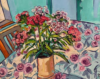 Floral Still Life Oil Painting , Vase of Flowers on Patterned Tablecloth, Colorful Interior Wall Art for Vintage Inspired Home Decor