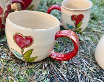 Handmade Ceramic  Espresso Cappuccino Mug, Red Heart, Artisan Pottery Cup