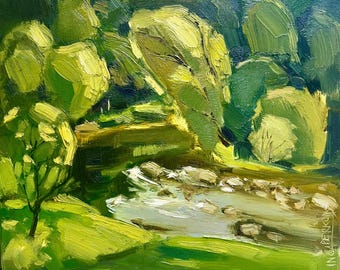Original Forest  Texture Oil Painting , Green Trees River Landscape Wall Art
