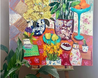 Floral Impasto Art, Still Life Large Hand Oil Painting, Gold  Leaf Art, Large Original Painting, Colorful Wall Art For Living Room