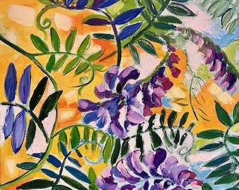 Wildflower Wall Art , Purple Floral Oil Painting on Canvas , Colorful Botanical Artwork for Bright Nature Inspired Home Decor