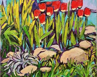 Red Tulips ORINAL Oil Floral Wall Art , Floral Spring Painting , Colorful Garden Landscape Artwork for Nature Inspired Home Decor