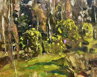 Original Spring Forest , Oil Painting , Fresh Leaves,  Textured Birch Pine Woods Landscape, Early Spring Meadow Art,  Home Decor