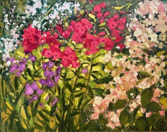 Phlox ORIGINAL Oil Painting, Floral Art, Vibrant  Hydrangea Garden Art, Large Horizontal Canvas, Wall Decor, Living Room Bedroom