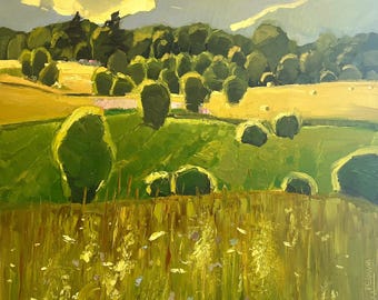 Large Landscape Painting, Original  Field Wall Art Decor,  Colorful Landscape Wall Art Handmade Painting  Canvas By Inga Perkons