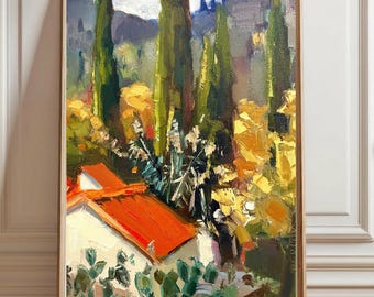 Original Corfu Oil Painting: Sunny Hillside with Cypress Trees