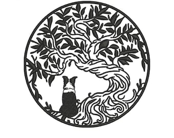 Motif de broderie Border Collie - Silhouette de chien sous un arbre (téléchargement instantané)