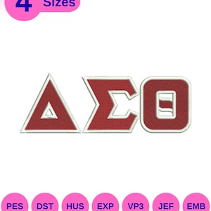 Może przedstawiać: Haftowane czerwono-białe greckie litery, Delta Sigma Omega, z białą obwódką. Obraz zawiera tekst "4 Rozmiary" w różowym okręgu oraz skróty typów plików: PES, DST, HUS, EXP, VP3, JEF i EMB.