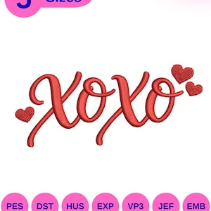 May include: Red embroidered "xoxo" design with three small hearts. The image also includes a pink circle with the number "5" and the word "Sizes". Below the text are the file format abbreviations: PES, DST, HUS, EXP, VP3, JEF, and EMB.