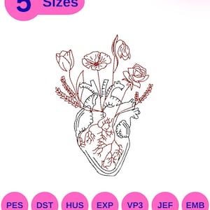 May include: An embroidered design featuring a human heart with flowers. The design includes the text "5 Sizes" and various embroidery file format abbreviations: PES, DST, HUS, EXP, VP3, JEF, and EMB.