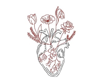 Motif de broderie floral coeur anatomique | Art botanique médical (téléchargement numérique)