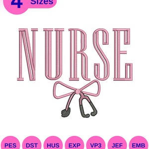 Nurse Embroidery Design | Stethoscope Bow Nurse Embroidery File | 10”, 8”, 6.5”, 4” Sizes | Medical Staff Machine Embroidery | PES DST etc.