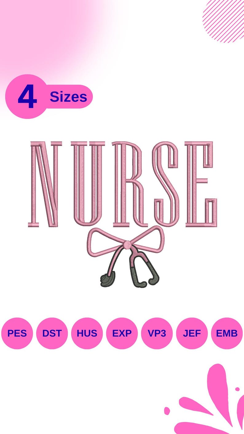 Nurse Embroidery Design | Stethoscope Bow Nurse Embroidery File | 10”, 8”, 6.5”, 4” Sizes | Medical Staff Machine Embroidery | PES DST etc. image 1