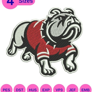 Pode incluir: Patch bordado com um buldogue em uma camisa vermelha com detalhes brancos. O patch tem um contorno preto e é rotulado com "4 Tamanhos". Abaixo estão os rótulos de formato de arquivo: PES, DST, HUS, EXP, VP3, JEF e EMB.