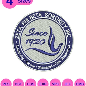 May include: Embroidered patch featuring the Zeta Phi Beta Sorority Inc. logo in blue and gray. The design includes the text "Zeta Phi Beta Sorority Inc." and "Since 1920". The patch is round and includes the words "Scholarship, Service, Sisterhood, Finer Womanhood".