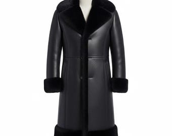 Abrigo de piel de oveja negra para hombre / Chaqueta larga de invierno tipo gabardina / Abrigo forrado de piel de oveja auténtica