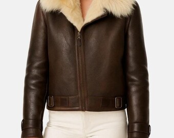 Chaqueta de piel sintética estilo aviador marrón para mujer.