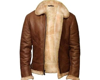 Chaqueta de piel de oveja marrón para hombre • Chaqueta de aviador de invierno con forro de piel de oveja sintética •