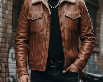 Chaqueta de piel de oveja marrón para hombre / Gabardina larga de invierno / Abrigo forrado de piel de oveja auténtica