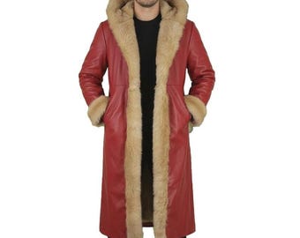 Abrigo de piel de oveja roja para hombre / Chaqueta larga de invierno tipo gabardina / Abrigo forrado de piel de oveja auténtica