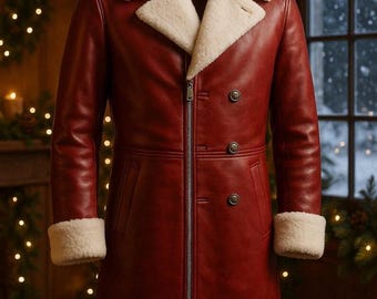 Abrigo de piel de oveja roja para hombre / Chaqueta larga de invierno tipo gabardina / Abrigo forrado de piel de oveja auténtica