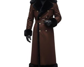 Gabardina de cuero marrón para hombre / Abrigo largo con cuello de piel de oveja / Chaqueta de cuero de invierno