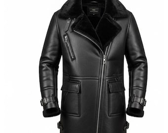 Abrigo de piel de oveja negra para hombre / Chaqueta larga de invierno tipo gabardina / Abrigo forrado de piel de oveja auténtica