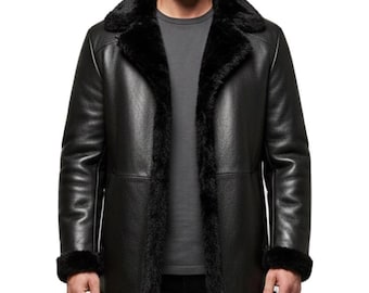 Abrigo de piel de oveja negra para hombre / Chaqueta larga de invierno tipo gabardina / Abrigo forrado de piel de oveja auténtica