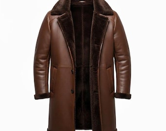 Gabardina de cuero marrón para hombre / Abrigo largo con cuello de piel de oveja / Chaqueta de cuero de invierno