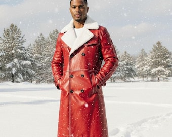 Abrigo de piel de oveja roja para hombre / Chaqueta larga de invierno tipo gabardina / Abrigo forrado de piel de oveja auténtica