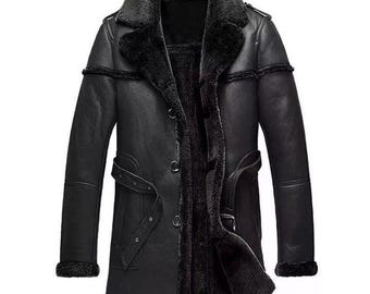 Abrigo de piel de oveja negra para hombre / Chaqueta larga de invierno tipo gabardina / Abrigo forrado de piel de oveja auténtica