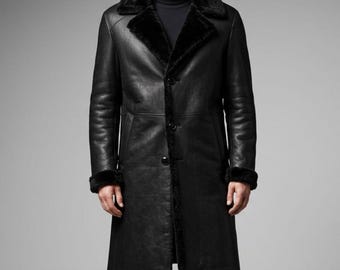 Abrigo de piel de oveja negra para hombre / Chaqueta larga de invierno tipo gabardina / Abrigo forrado de piel de oveja auténtica