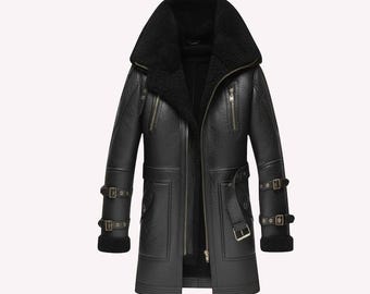 Abrigo de piel de oveja negra para hombre / Chaqueta de invierno de aviador / Chaqueta de motociclista con hebilla