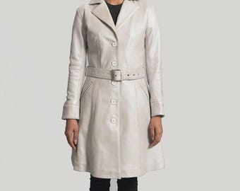 Gabardina de cuero blanca para mujer: abrigo clásico largo con cinturón, chaqueta elegante para invierno y otoño.