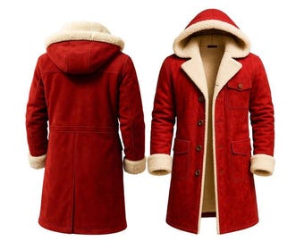 Abrigo de piel de oveja roja para hombre / Chaqueta larga de invierno tipo gabardina / Abrigo forrado de piel de oveja auténtica