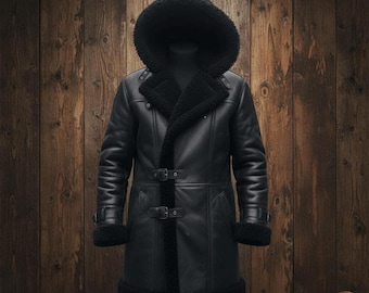 Abrigo de piel de oveja negra para hombre / Chaqueta de invierno de aviador / Chaqueta de motociclista con hebilla