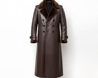 Gabardina de cuero marrón para hombre / Abrigo largo con cuello de piel de oveja / Chaqueta de cuero de invierno
