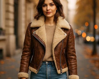 Chaqueta de piel sintética estilo aviador marrón para mujer.
