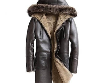 Abrigo de piel de oveja para hombre • Chaqueta con capucha de piel de invierno • Abrigo largo cálido de piel de oveja •